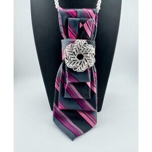 Vintage Tie Necklace with Trifari Brooch Pink Black Silver Tone Handmade
